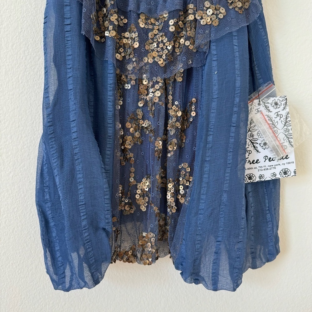 Free People Elisas Off the Shoulder Gold Sequin Blue Top XS SAMPLE - Picture 6 of 15
